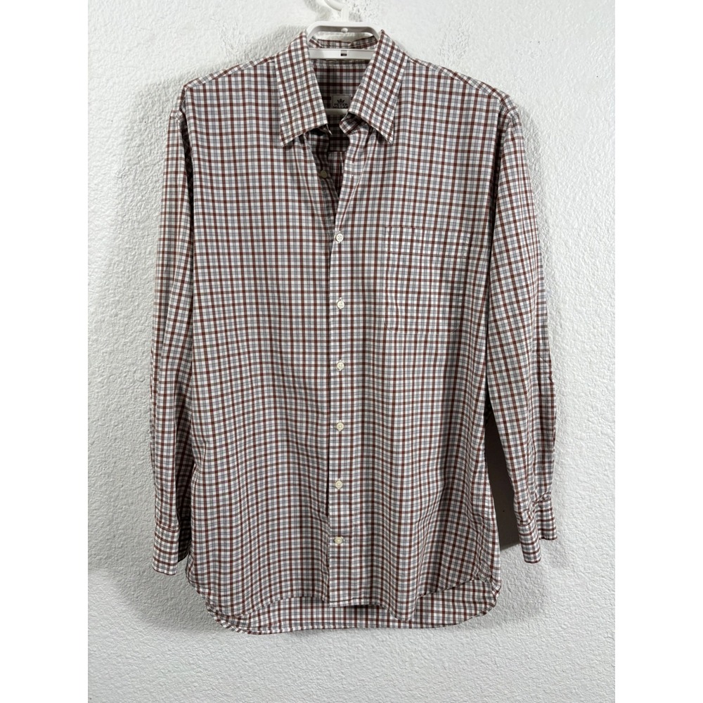Peter Millar Mens Medium Button Down Shirt Brown Gray White Check Plaid Cotton